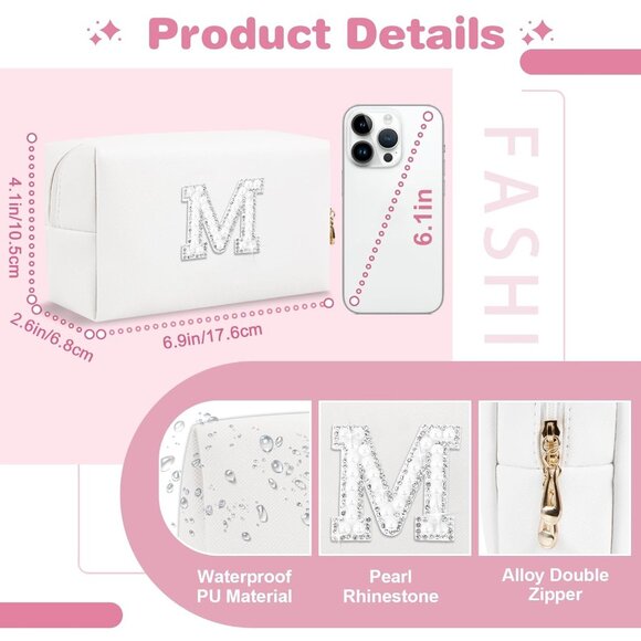Bride Gifts – Personalized Initial Makeup Bag with Pearl Rhinestone Patch, Prepp - Picture 2 of 7